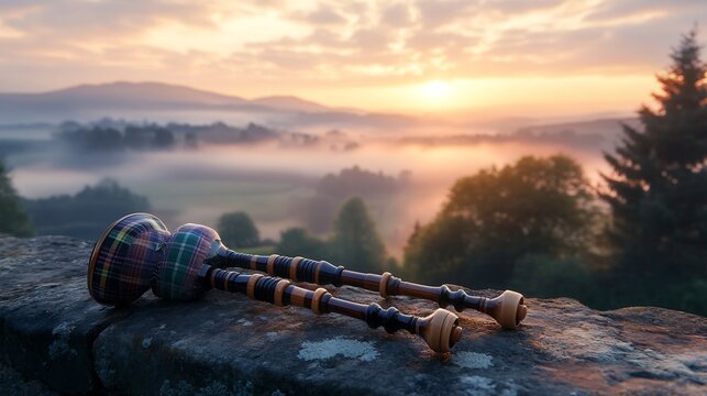 Didgeridoo on Stone Wall at Sunset