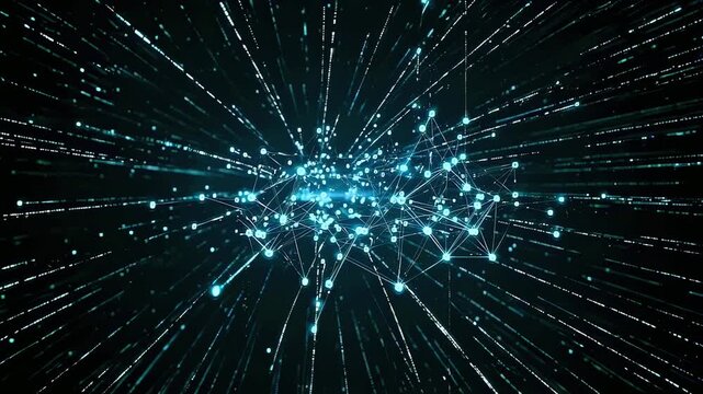 Data points connecting into digital network, glowing nodes forming complex structure in dark space, representing big data processing, artificial intelligence systems, global information flow.