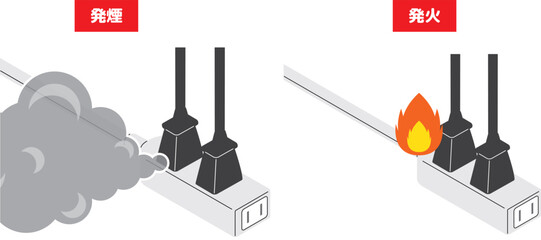電源プラグからの発火と発煙のバリエーションを並べたアイソメトリックイラストセット（主線なし） © yotsuda
