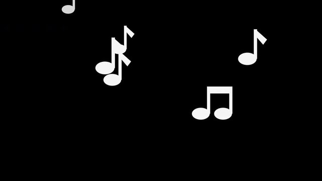 White musical notes floating upward gently, transparent background seamless loop animation