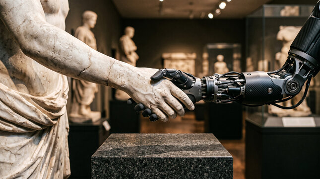 White marble classical greek statue hand shaking modern matte finish bionic robot