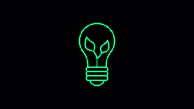 Green energy glowing neon lineart with alpha channel on transparent background. 4k motion graphic. Renewable Energy Icon Set Animation. Suitable for environment content.
