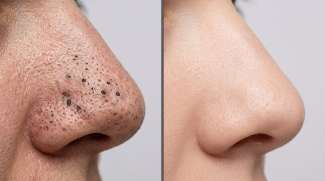 Before and after comparison of nose blackheads extraction treatment on human skin close up view