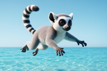 Fototapeta premium Cute cartoon-style lemur mid-jump over tropical blue water with bright sky in the background, capturing a light and playful animal moment. Ai generative