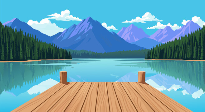 Serene Lake View with Wooden Pier Vector Illustration for Nature Background Design Featuring Majestic Mountains and Pine Forests