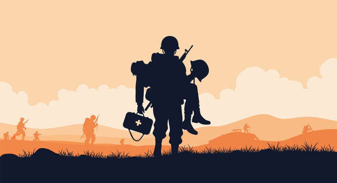 Silhouette of a Brave Soldier Carrying a Wounded Comrade on a Battlefield Illustration