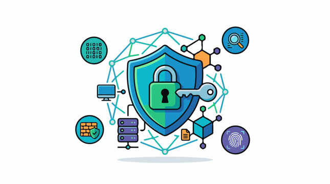 Digital security shield with key network and data icons