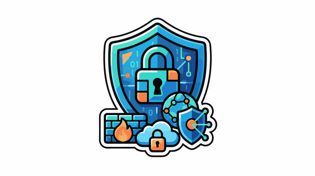 Digital security emblem with lock shield cloud firewall network