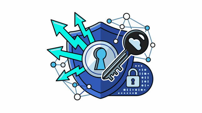 Digital security icons shield key lock network and growth arrows
