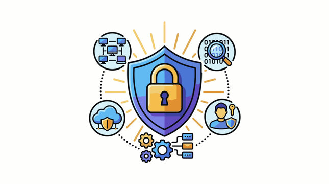 Digital security icons shield padlock network cloud user code