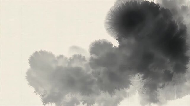 Abstract traditional Chinese ink shanshui scenery with misty black cloud waves and rolling mountain ridges.