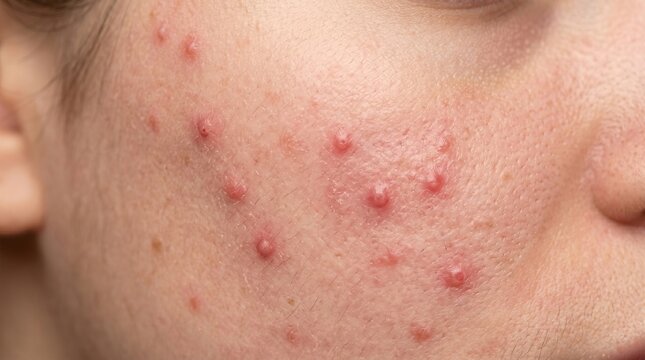 Close up view of inflamed red acne pustules and pimples breakout on female cheek problematic skin condition