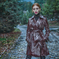 Obraz premium Auburn haired woman standing on a wet cobblestone pathway evokes a moody cinematic confident sophisticated mood generative AI