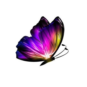 Vibrant purple and pink neon 3D butterfly side view isolated on transparent background