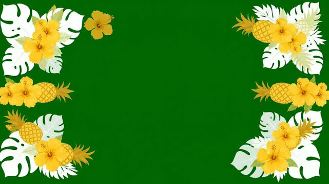 Tropical yellow hibiscus flower and pineapple frame background with seamless motion loop animation for summer holiday travel video design and floral greeting cards