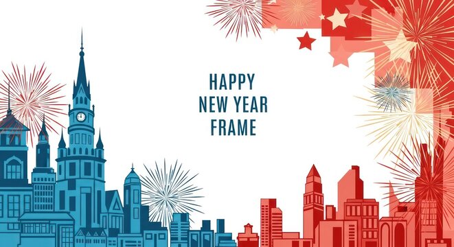 Happy New Year City Skyline Fireworks.