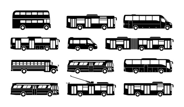 Public Transport Bus Silhouette Collection Set Featuring Various Coach Minibus and Double Decker Vehicle Icons