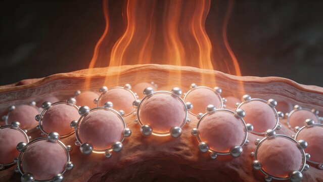 Microscopic 3d rendering of radiofrequency energy waves heating skin fat cells structure for tightening concept