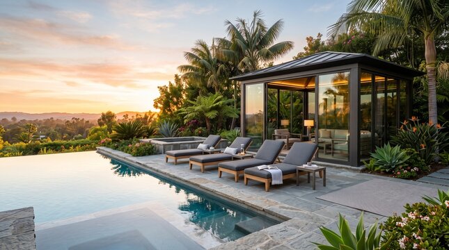 luxury backyard with glass gazebo, designer lounge chairs, infinity pool nearby, tropical plants, golden hour lighting