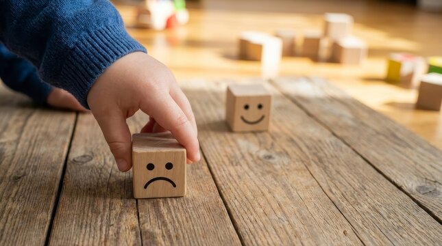Child playing with wooden emotion blocks