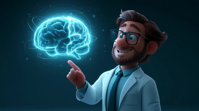 A teacher stands beside a floating holographic brain model, pointing at glowing sections while explaining concepts in a smooth educational animation style with a modern digital interface.
