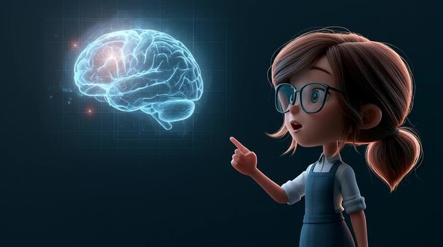 A teacher stands beside a floating holographic brain model, pointing at glowing sections while explaining concepts in a smooth educational animation style with a modern digital interface.