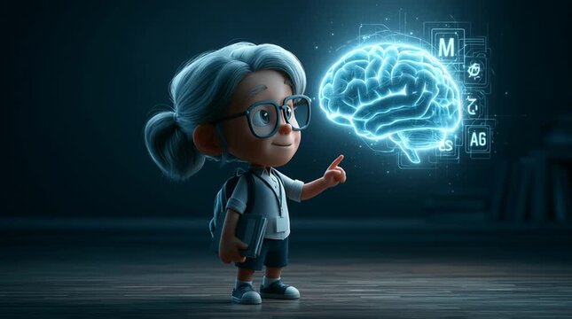 A teacher stands beside a floating holographic brain model, pointing at glowing sections while explaining concepts in a smooth educational animation style with a modern digital interface.