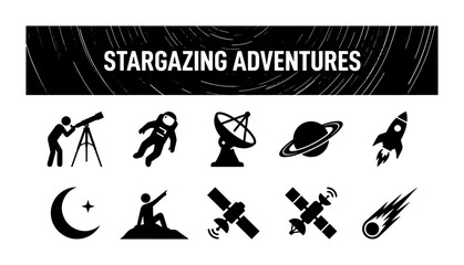 Stargazing Adventures Icons: Space Exploration, Astronomy, Astronaut, Rocket, Planets, Telescope © PERFECT QUALITY