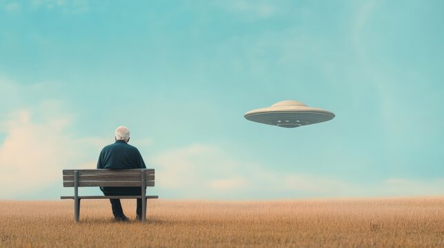 Lonely senior man sitting on a bench in a vast field, gazing up at a ufo soaring through the sky, capturing a moment of surreal wonder in a vintage, dreamlike atmosphere