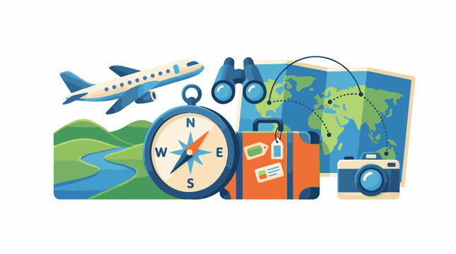 Travel essentials plane compass map binoculars suitcase camera