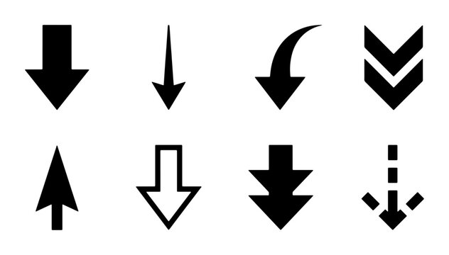 Diverse Downward Arrow Icons Set, Vector Graphics for Directional Navigation and Data Flow