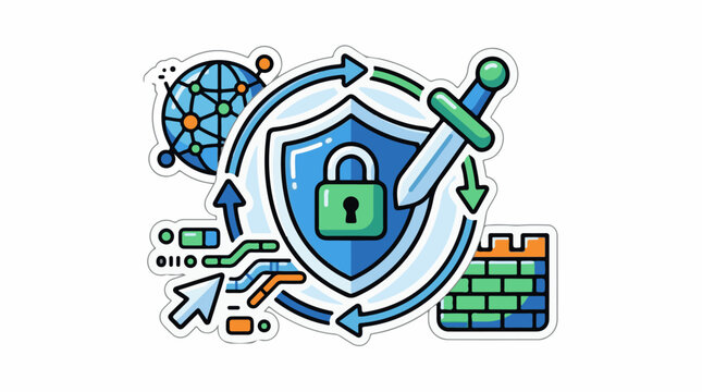 Digital shield with padlock sword and network elements