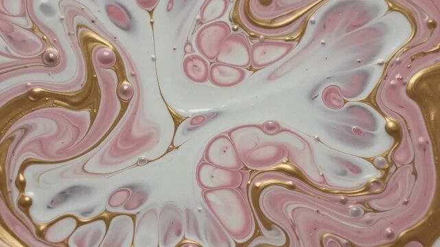 High end abstract background loop featuring soft pink and metallic gold acrylic paint swirling in a marble pattern