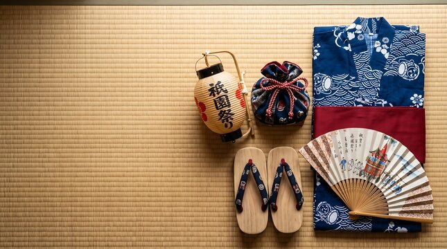 Traditional Japanese summer festival attire including yukata, geta sandals, folding fan, and lantern on a tatami mat