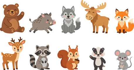 Cute Woodland Animals Vector Character Set with Cartoon Bear Fox Deer Squirrel and Raccoon Illustrations for Children Nursery and Kids Education Designs © Sohel