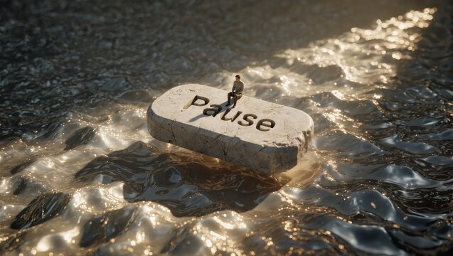 Stone slab with the word "Pause" on a sandy ground