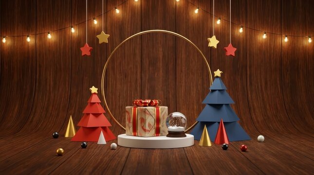 Christmas product display podium with gift and trees