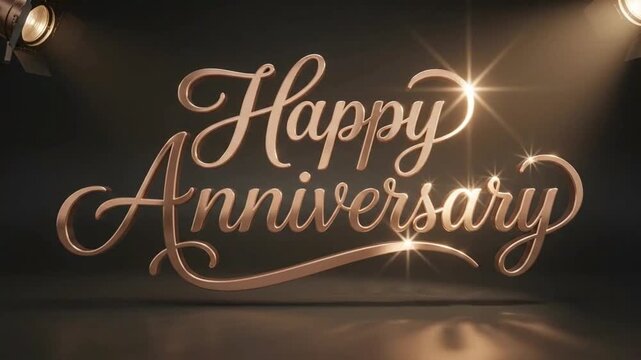 Elegant gold script text reading Happy Anniversary with soft lighting and reflective metal effects