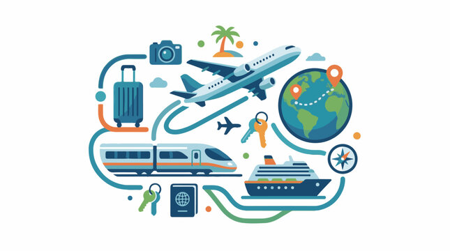 Diverse travel modes and destinations illustrated with icons