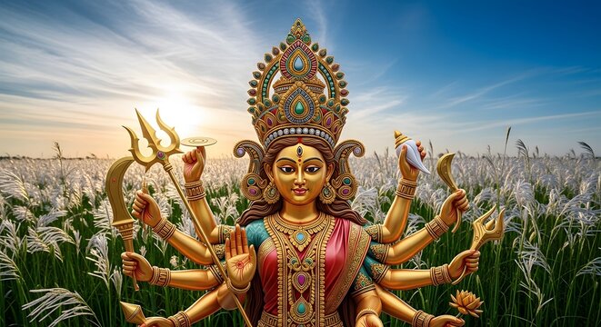 Majestic Hindu Goddess Durga Idol in Golden Field During Serene Sunset
