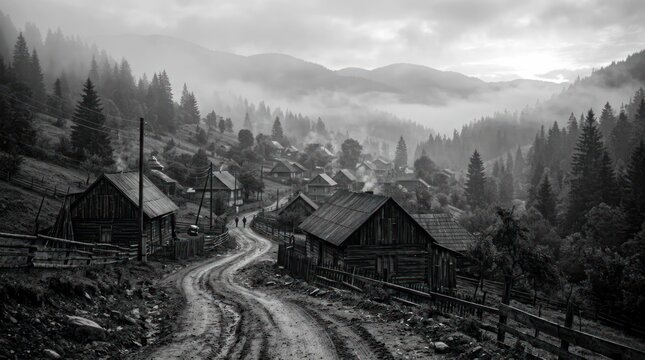 Misty Mountain Village Road Black and White Landscape.