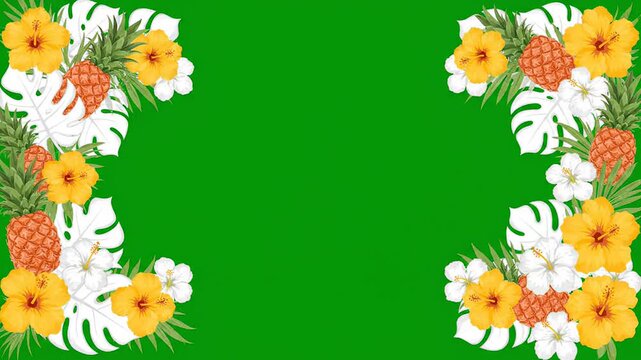 Tropical pineapple and hibiscus flower border frame on a solid green screen background motion graphic element for video compositing and tropical summer design projects