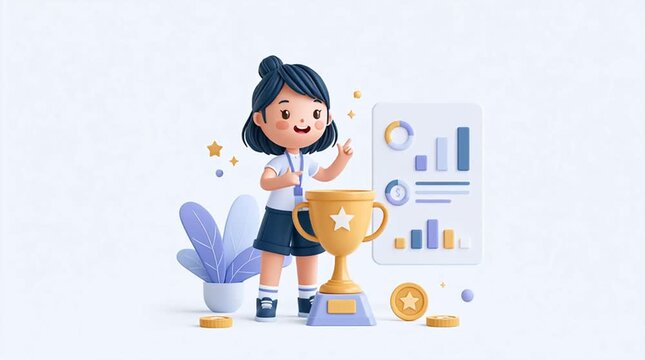 A professional presenter stands beside a giant trophy, proudly pointing to nearby success metrics in a clean corporate achievement scene with a polished presentation aesthetic.