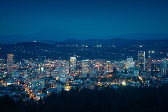 Portland, Oregon skyline with Mount Hood in the background during blue hour at dusk, Oregon, Pacific Northwest, USA