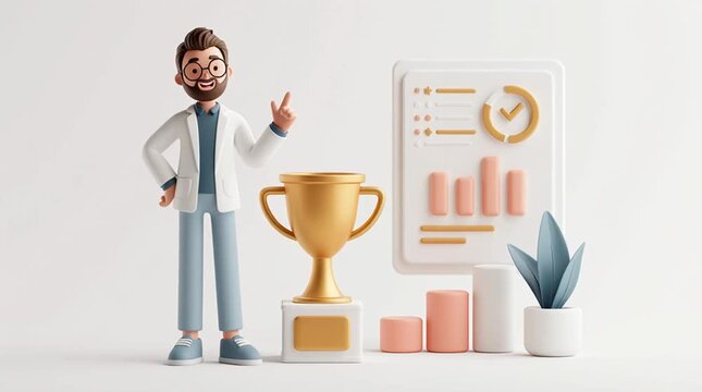 A professional presenter stands beside a giant trophy, proudly pointing to nearby success metrics in a clean corporate achievement scene with a polished presentation aesthetic.