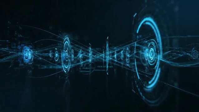 Glowing blue circuits connect nodes in a futuristic technological network diagram.