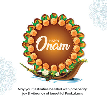 happy Onam celebration with abstract vector illustration design of Kerala boat | Onam Calligraphy