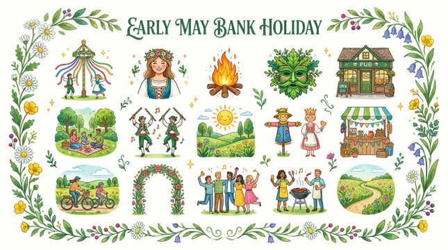 Early May Bank Holiday Illustrations: Spring Celebration, Nature, Community