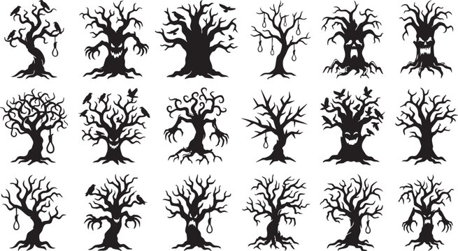 Spooky haunted tree vector silhouettes collection for halloween design elements with scary faces and crows.