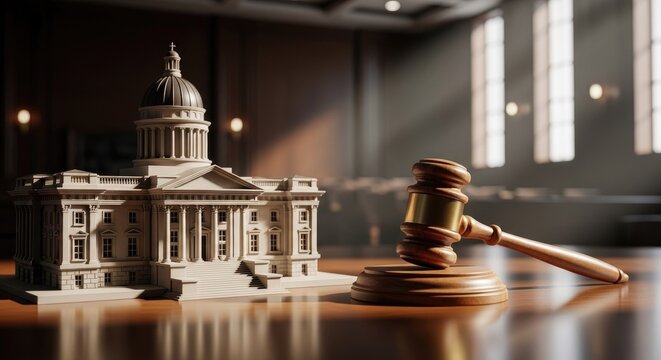 Legal gavel on table with architectural courthouse model